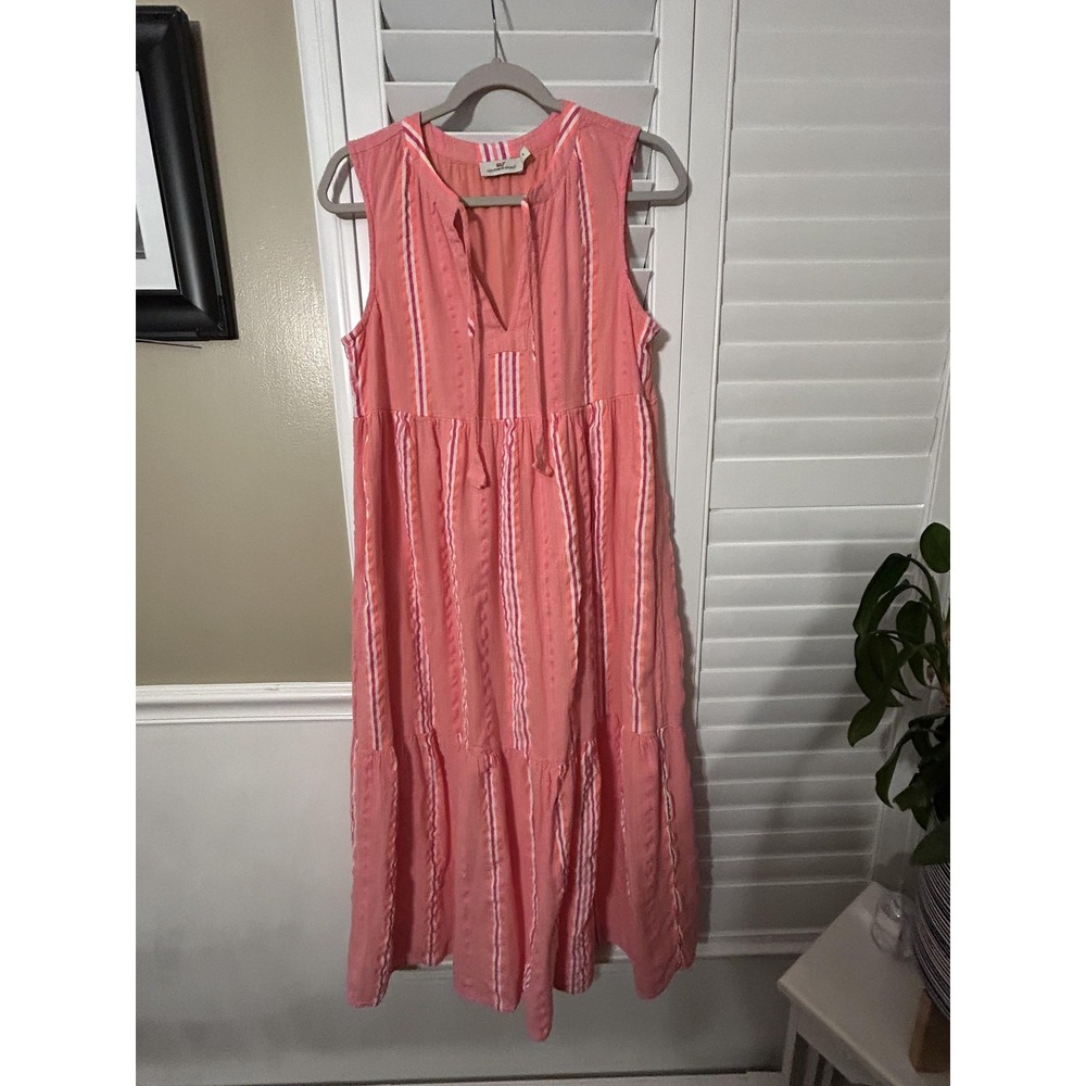 Vineyard Vines Dress Womens Small Pink Stripe Sleeveless Tiered Lined Split Neck